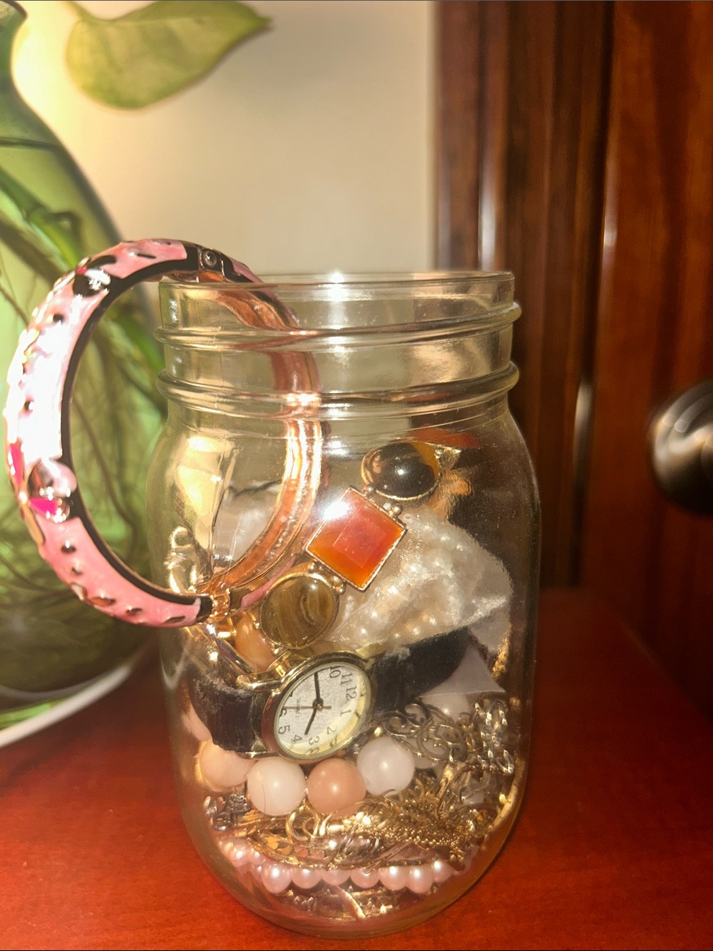 Jewelry Jar with antique and modern pieces, mostly gold tones
